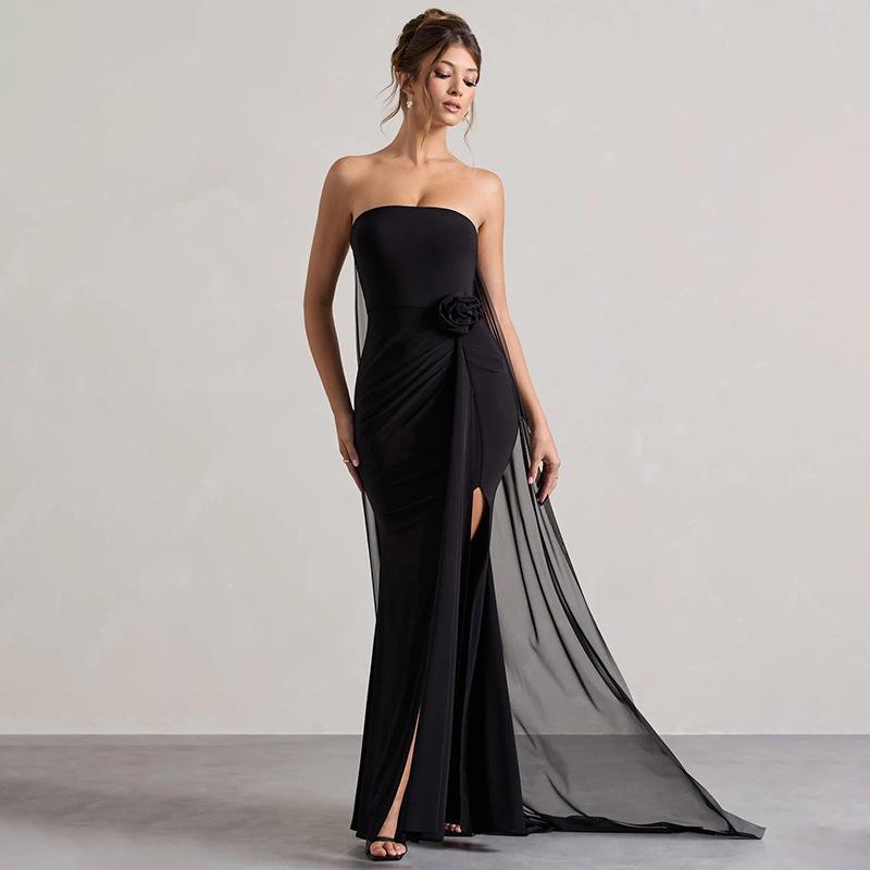 

Autumn new long dress temperament tube top sleeveless one-word shoulder European and American split dress trailing dress L чорний