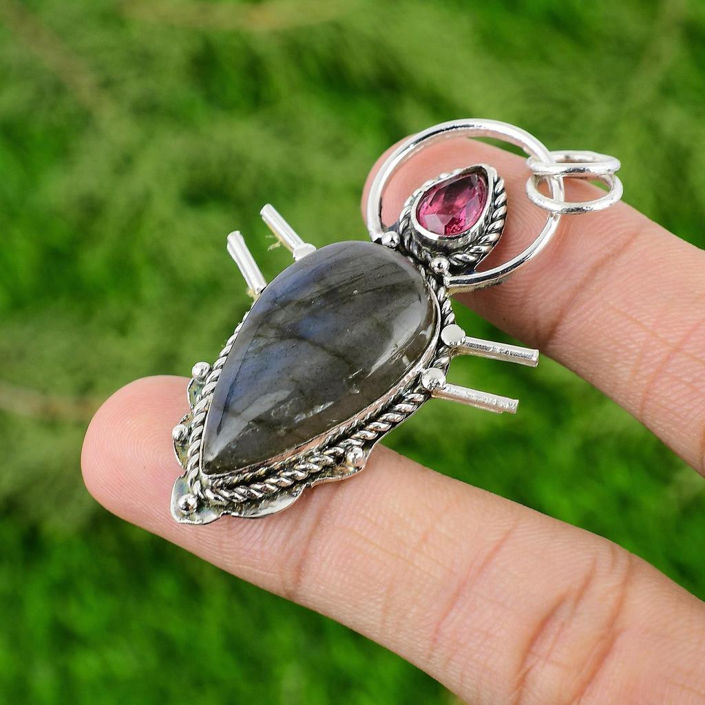 Mothers Day Sale 925 Silver Labradorite Stone Pink Tourmaline Pendant Jewelry