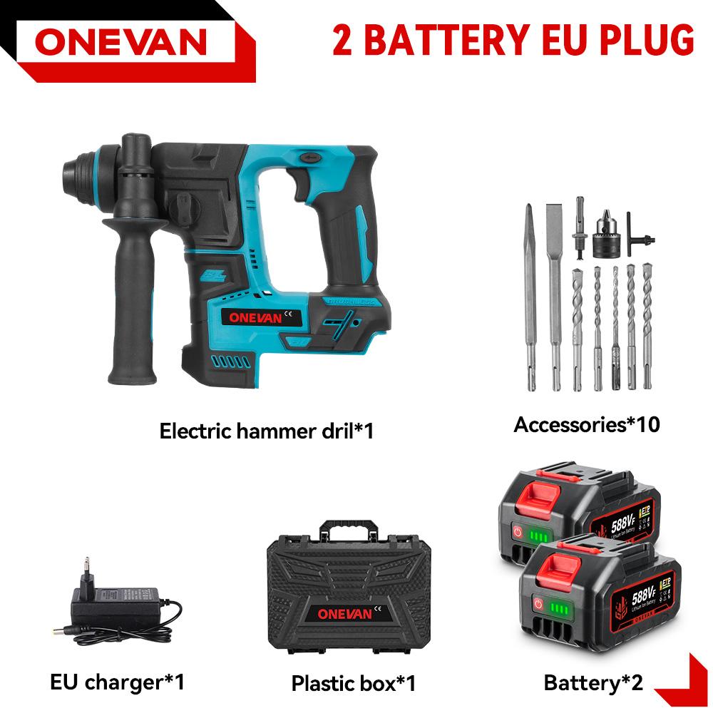 

ONEVAN Бесщеточная электрическая ударная дрель-перфоратор Портативная 24 мм Многофункциональная аккумуляторная дрель-перфоратор Инструмент для аккумулятора Makita 18 В Штифтовый 2Battery BOX set