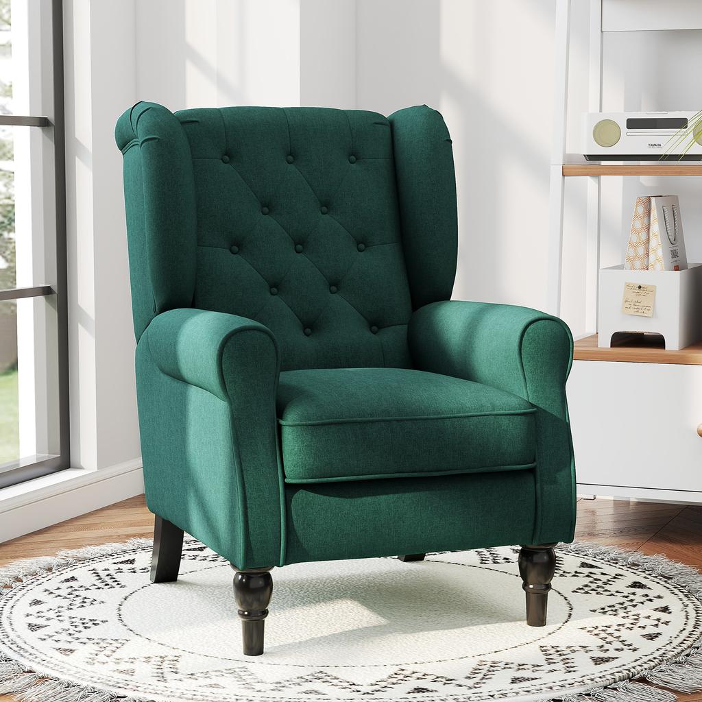 Wingback Accent Chair, Retro Upholstered Button Tufted Occasional Chair for Living Room and Bedroom, Dark Green