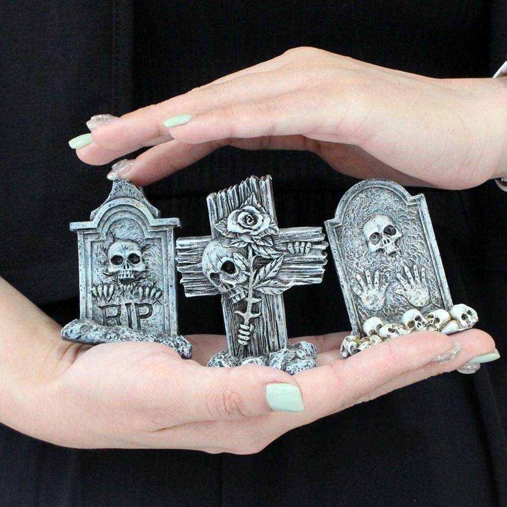 3pcs Skull Cross Halloween  Tombstones Figurine Resin Crafts Tombstone Statues  Party Layout