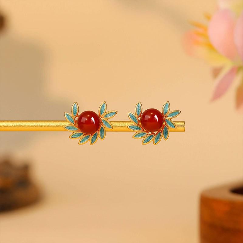 Gold-Plated Enamel Red Agate Earrings for Women with 925 Sterling Silver Posts - High-End New Chinese Style