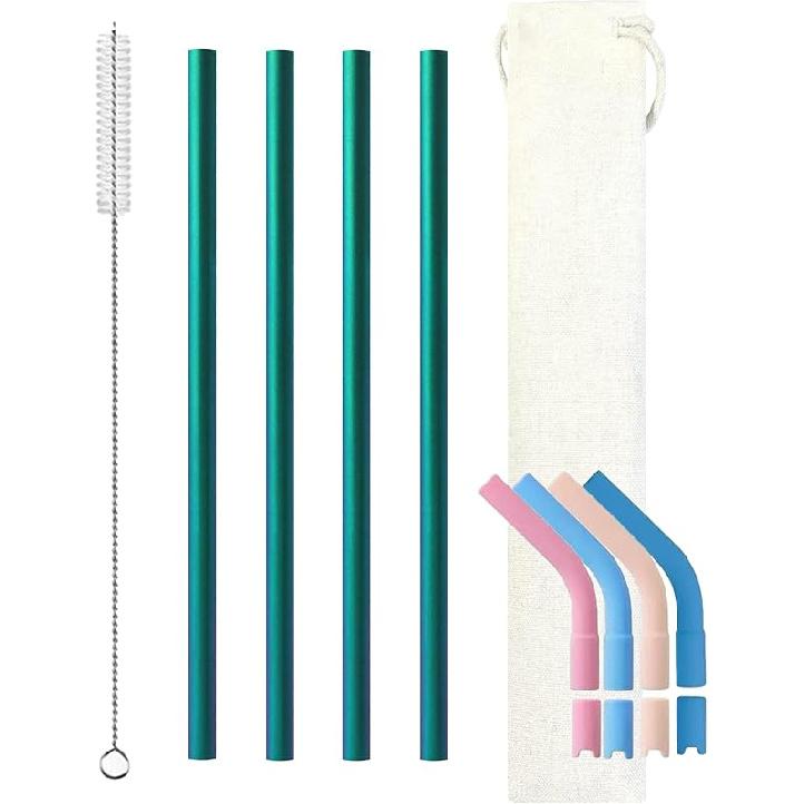 Pure Titanium Reusable Straws with Silicone Tips,Travel Case & Cleaning Brush,BPA Free & Eco Friendly,Dishwasher Safe,Fits 20-30oz Tumblers (Titanium