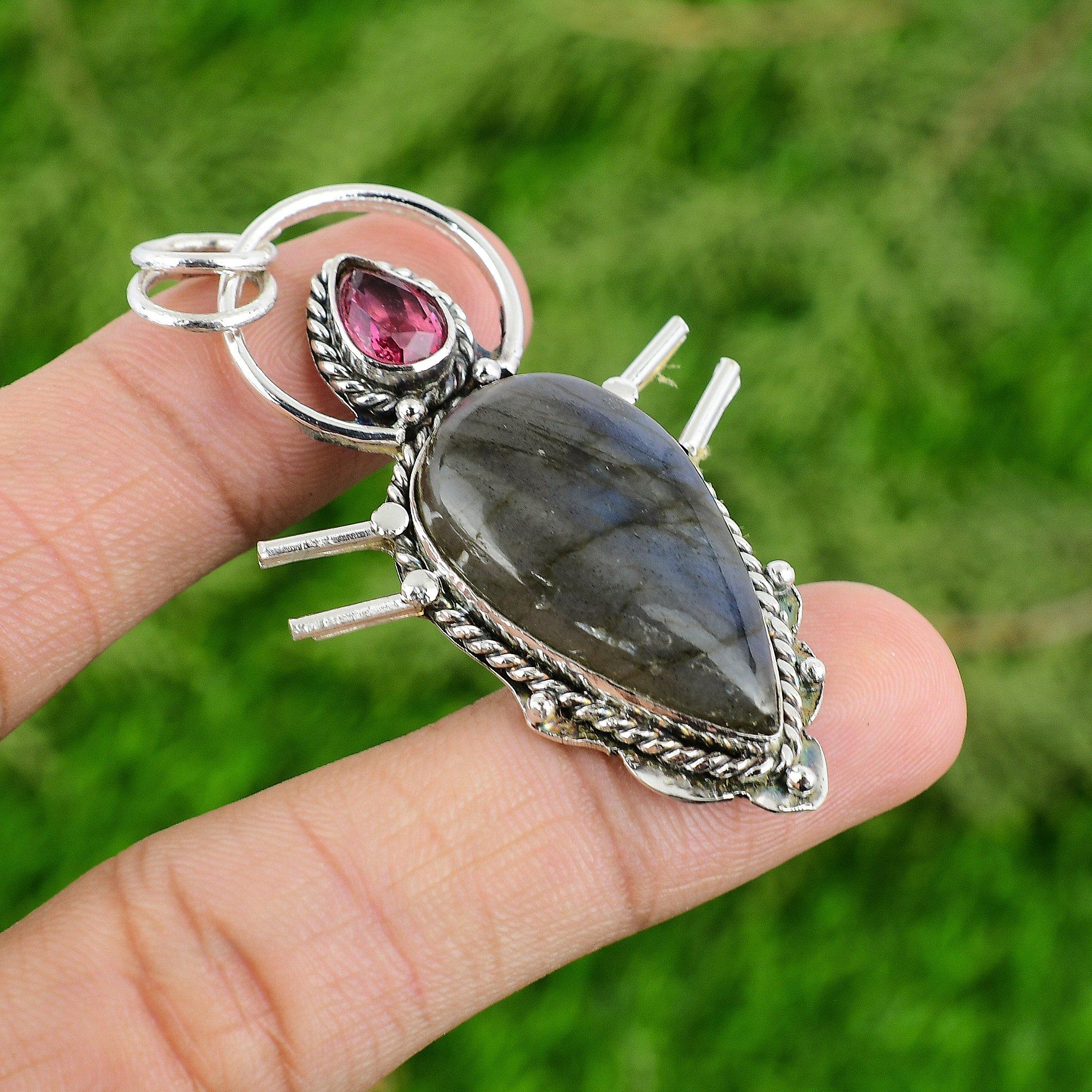 

Mothers day Sale 925 Silver Labradorite Stone Pink Tourmaline Pendant Jewelry