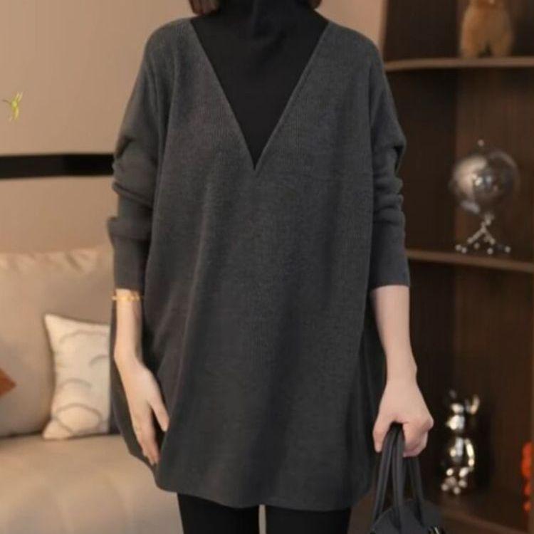 2025 New European-Style Ribbed High Neck Long Sleeve Top for Women - Loose, Slimming Fit