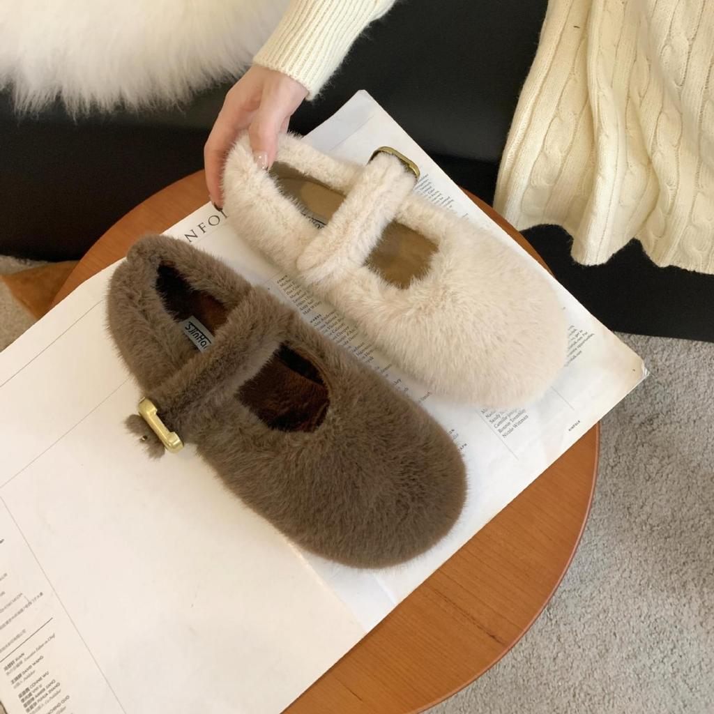 2025 Autumn and Winter New Square-headed Mink Fluff Fleece Guarantee One Word with Platform Ballet Beanie Women's Single Shoes Flat Bottom