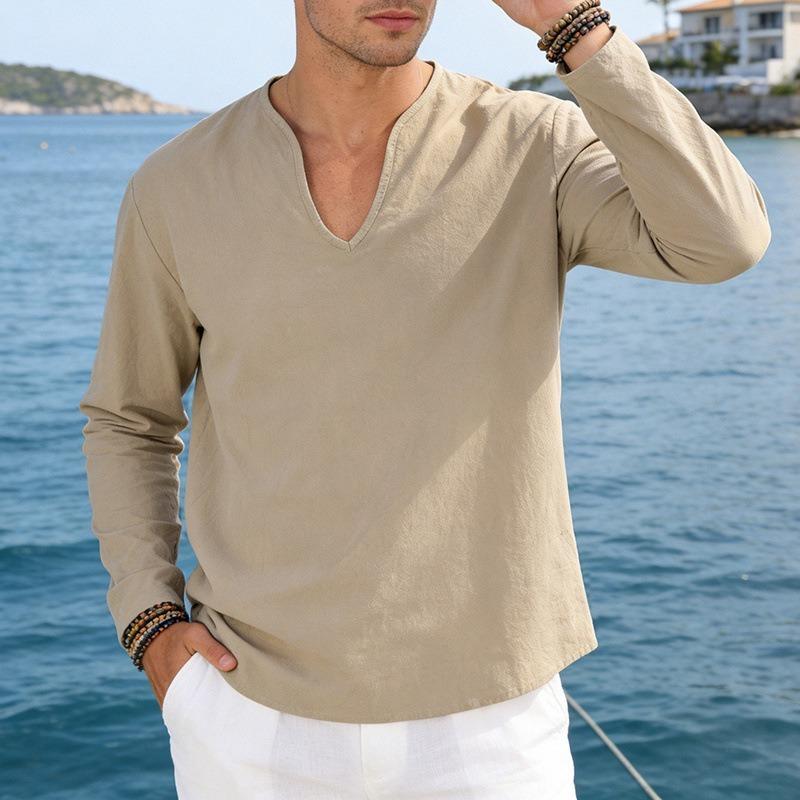 Men Casual Loose V Neck Long Sleeve Linen T Shirt Big Size