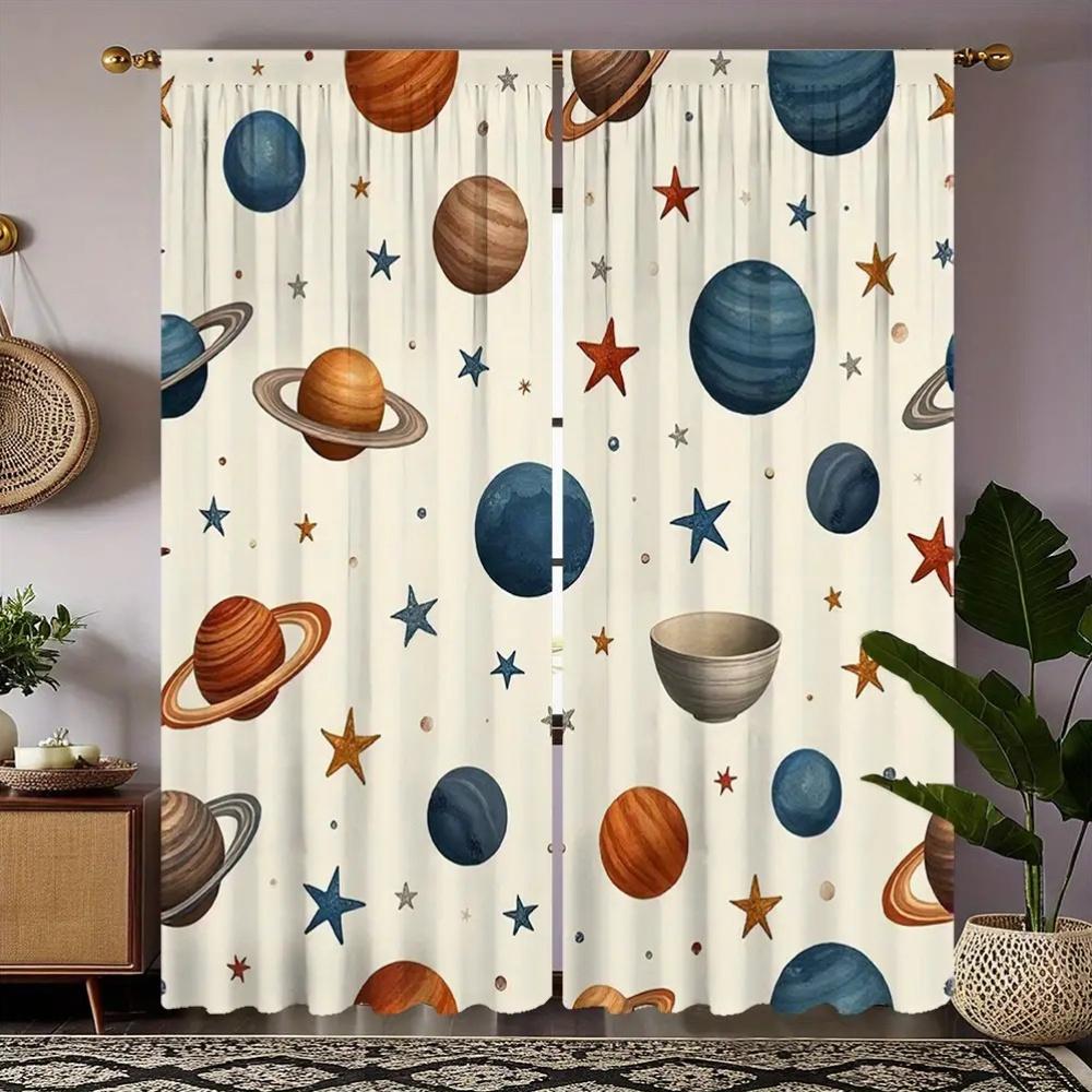 

2Pc Space Planet And Star Patterned Curtains, Made Of Polyester Fabric, Machine Washable, Suitable For Bedroom Living Room Décor 53x116cm &2pc