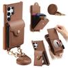 For Samsung Galaxy S25 Ultra Case Mirror Card Holder Litchi Texture Leather Phone Back Cover with Long Strap