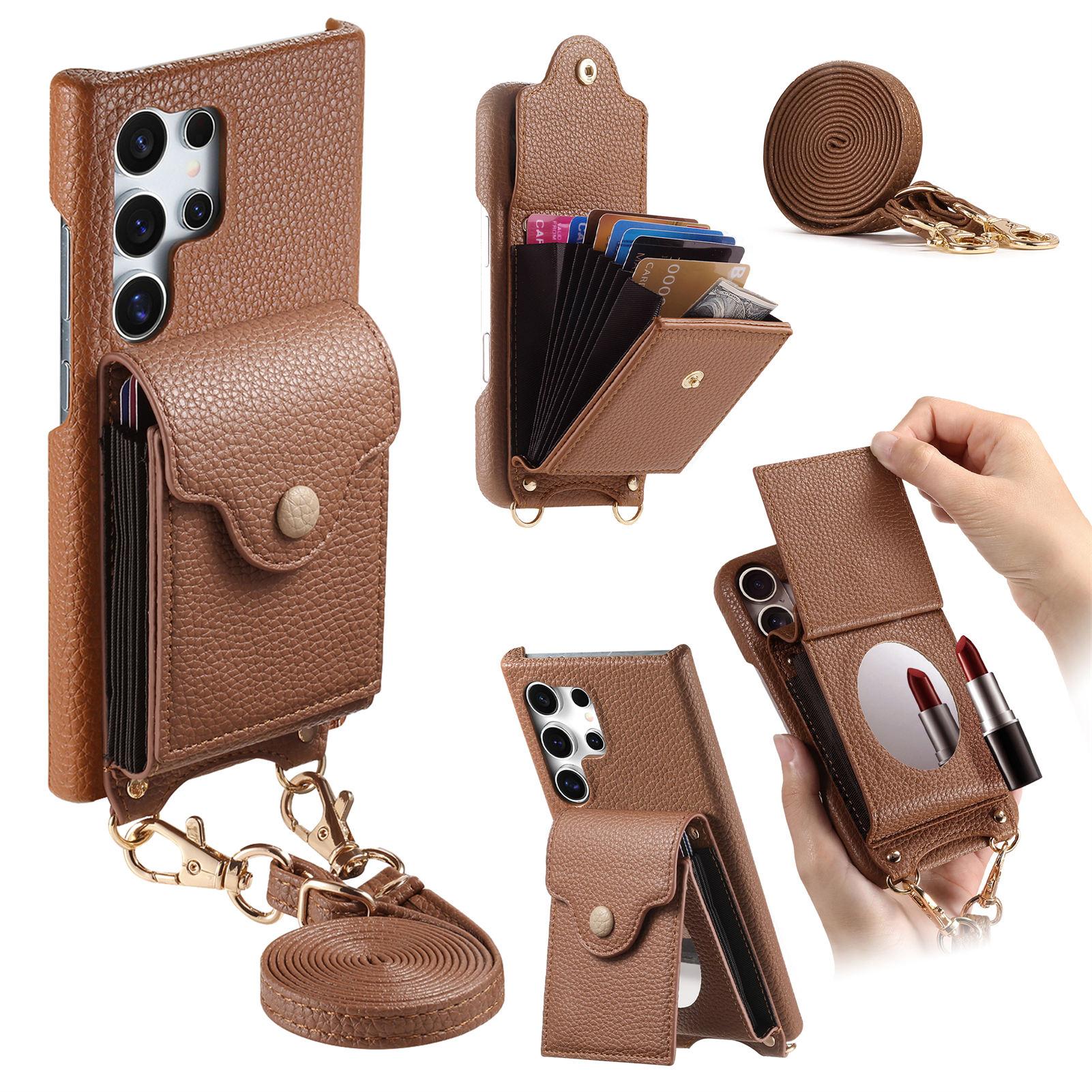 

For Samsung Galaxy S23 Ultra Case Mirror Card Holder Litchi Texture Leather Phone Back Cover with Long Strap D