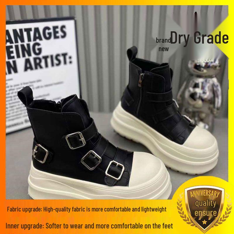 European-Style Genuine Leather Height-Increasing Women's Motorcycle Boots with Thick Sole and Buckle