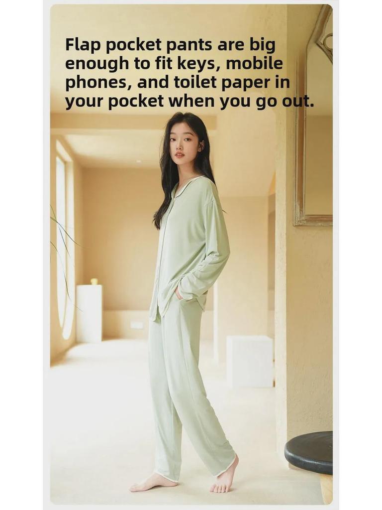 Women's High-End Modal Pajama Set: Long-Sleeved Top, Trousers, Chest Pads - Ideal for Autumn and Winter