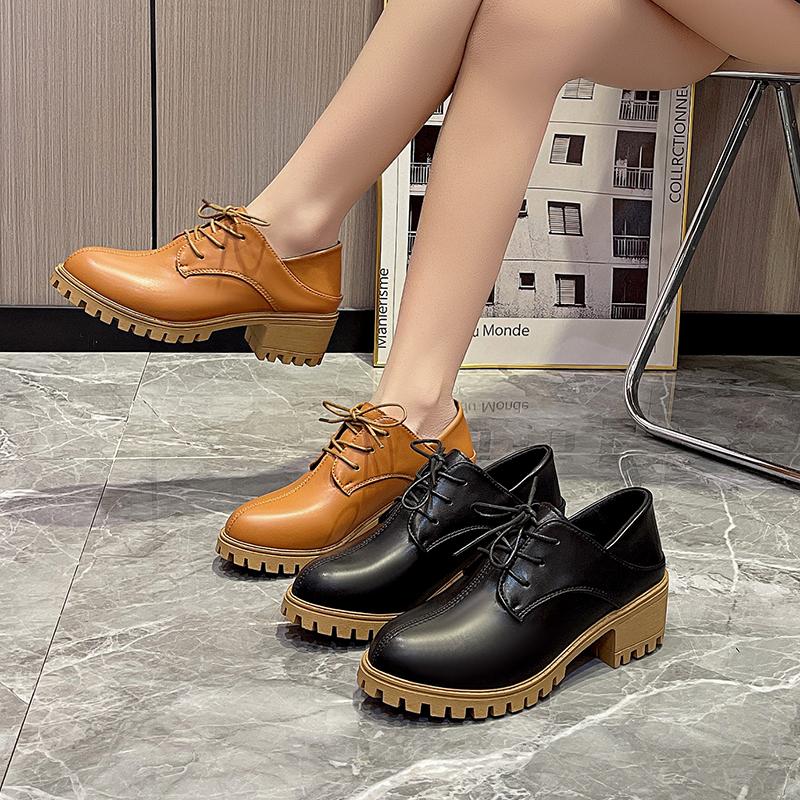 Ladies Oxford Shoes Casual Leather Shoes Women Lace-Up Chunky Heels Pumps Girls Student Retro Loafers