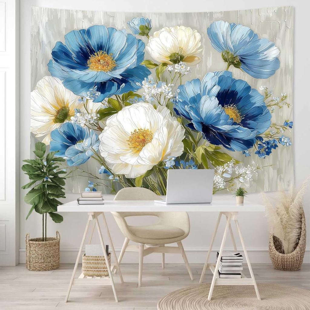 Blue White Floral Tapestry,Natural Aesthetics Elegant Tapestrie,Modern Flower Painting Wall Hanging,Watercolor Aesthetic Art
