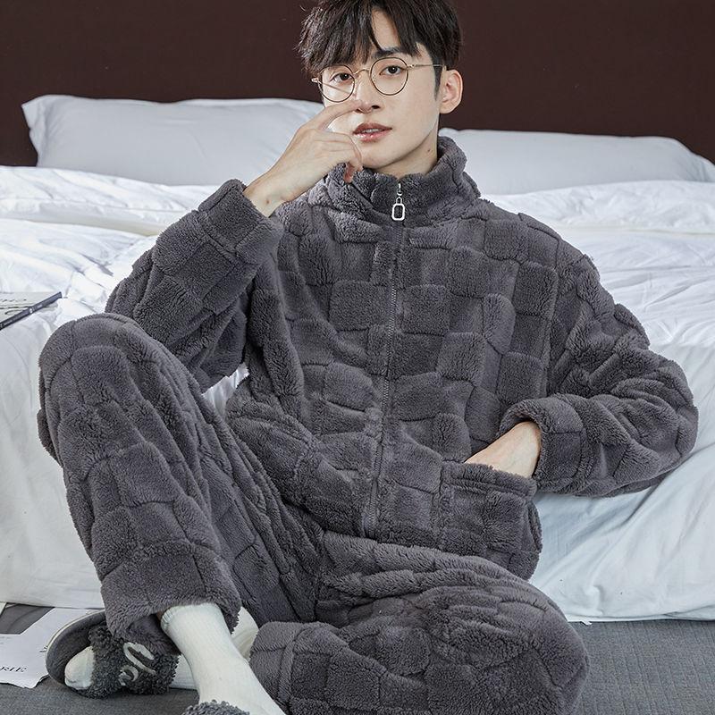 Men's Pajamas Winter Flannel Thickened Plus Velvet Homewear Autumn And Winter Days Warm Coral Fleece Zipper Style Two-piece Set