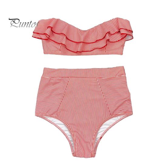 

Женский комплект бикини из 2 предметов с оборками, бюстгальтер-бандо с подкладкой и высокой талией, комплект трусов с полосатым принтом, пляжная одежда S