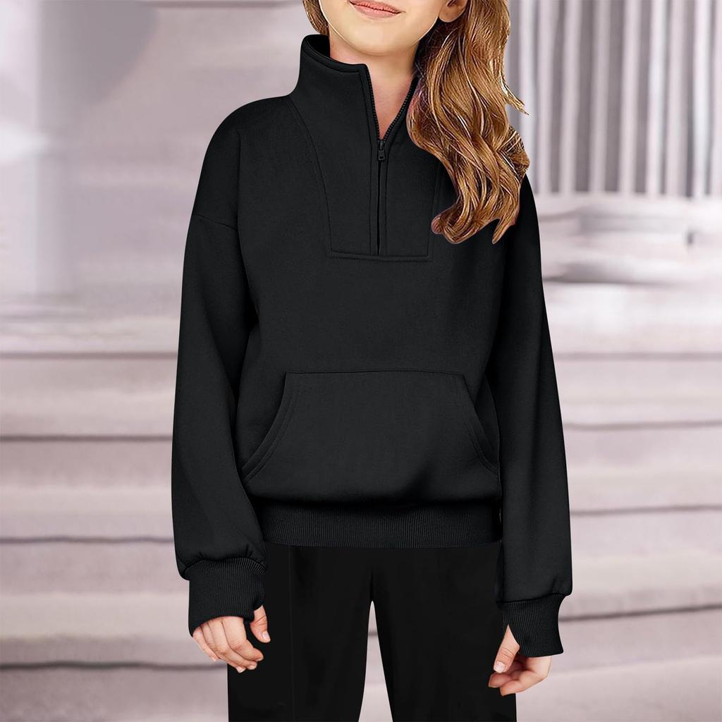 Children's Half-Zip Fleece Pullover Sweatshirt For Girls - Solid Color Hoodie