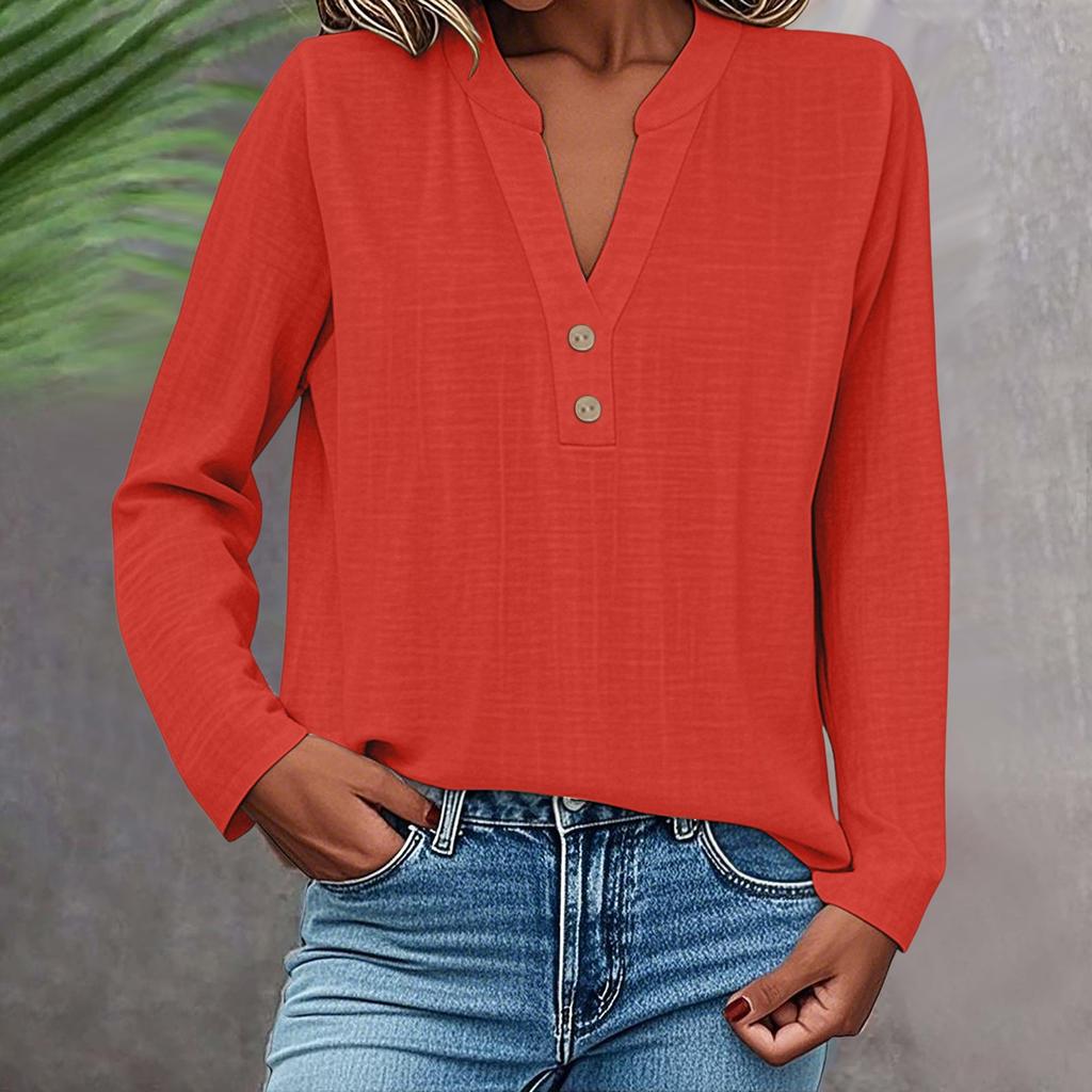 Long Sleeve Linen Tops For Women Loose Fit V Neck Button Down Shirts Cute Solid Summer Beach Tee Shirts