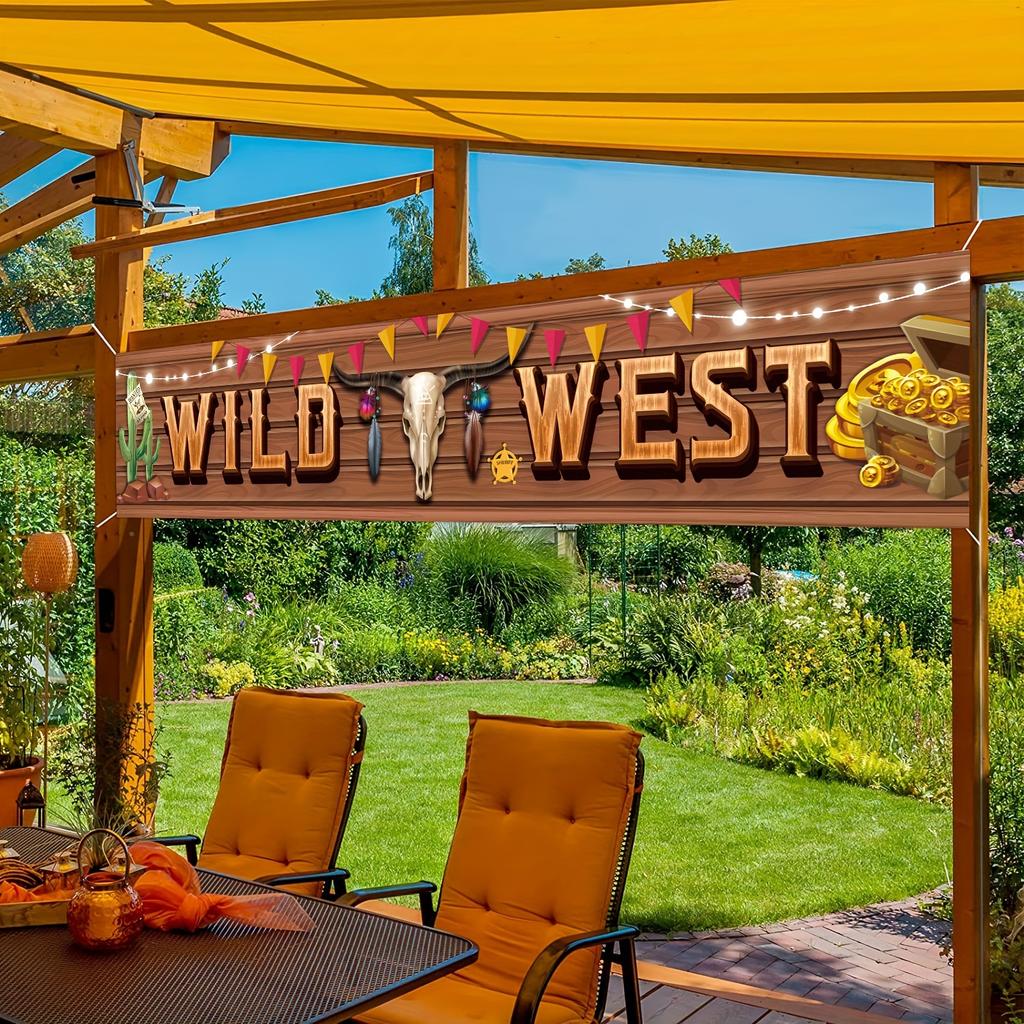 Western cowboy themed holiday party decorations, garden flags, banners, outdoor party decorations