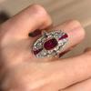 Women Vintage Open Ring Edward Artdeco Inspired Heavy Work Two Tone Gold Simulated Ruby Corundum Jewelry