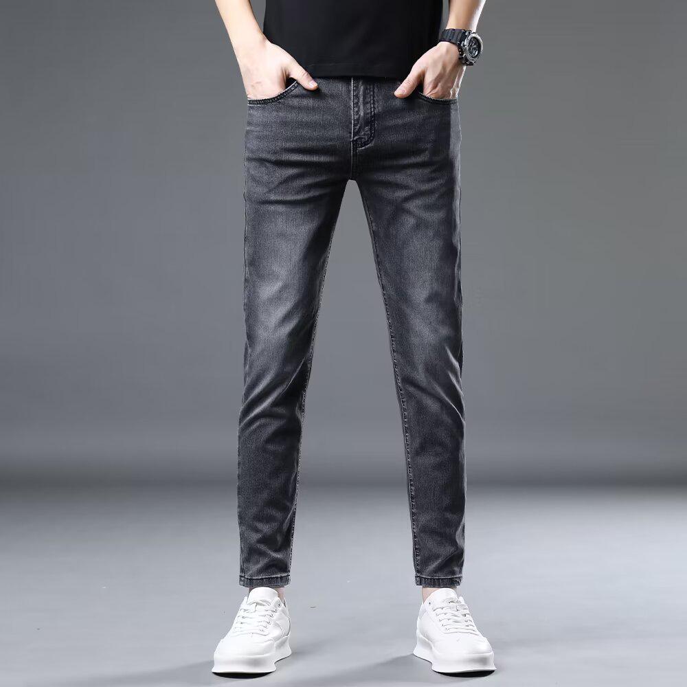 

Летние мужские облегающие джинсы Hong Kong 2024 Elastic Nine-Point 32 черный серый