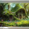 Fairy tale Green House Background - A charming forest cabin scene brimming with vibrant moss, flowers and stone paths, p