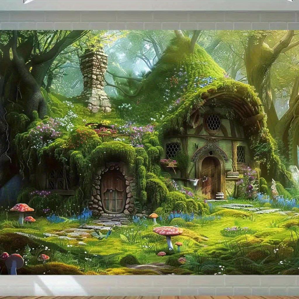 Fairy tale Green House Background - A charming forest cabin scene brimming with vibrant moss, flowers and stone paths, p