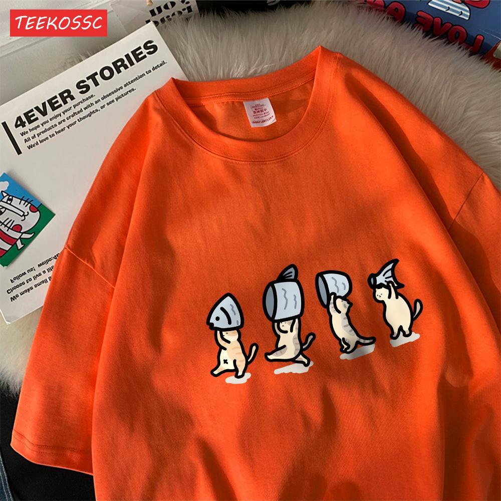Quattro Gatti Piccoli Che Tengono Pescecotone Magliette da Donna Stampe Cartoni Animati T-Shirt Morbide Girocollo Larghi Manica Corta Top Vestiti Estivi