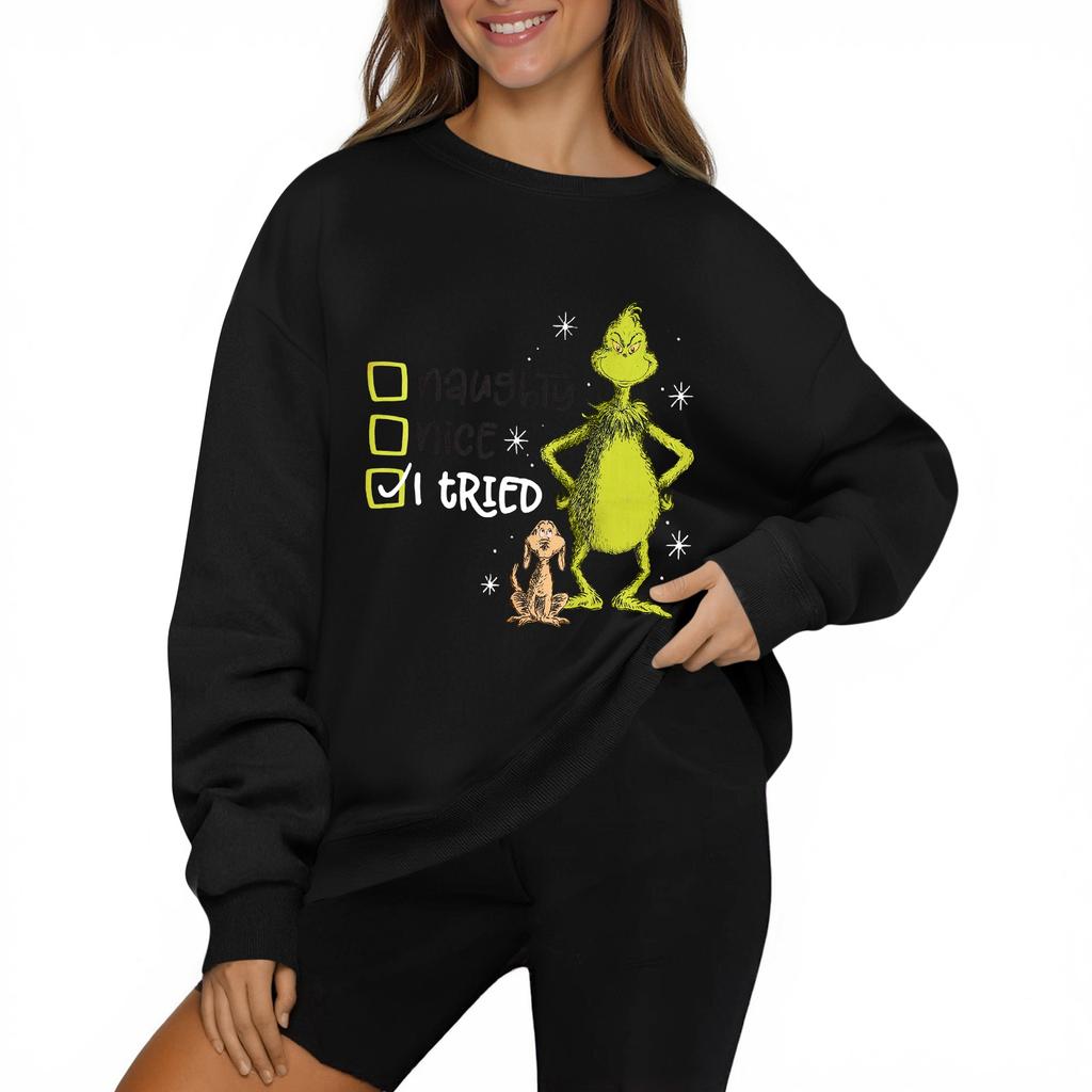 Women's Fashion Casual Long Sleeve Solid Color Christmas Printed Round Neck Top Sweatshirt