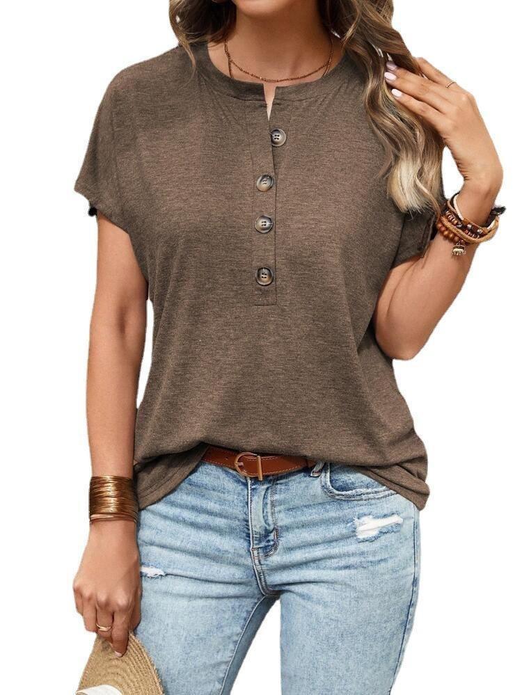 2023 Summer Fashion Women's Solid Color Short Sleeve Top European American Style Twist Button Design