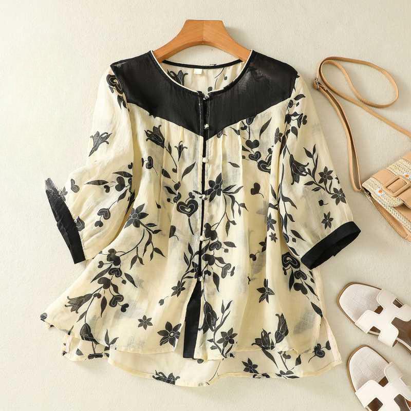 Retro Printed Cotton Linen Shirt Women's Contrasting Color Round Neck Shirt Temperament Thin Short Sleeved Top Summer Shirt