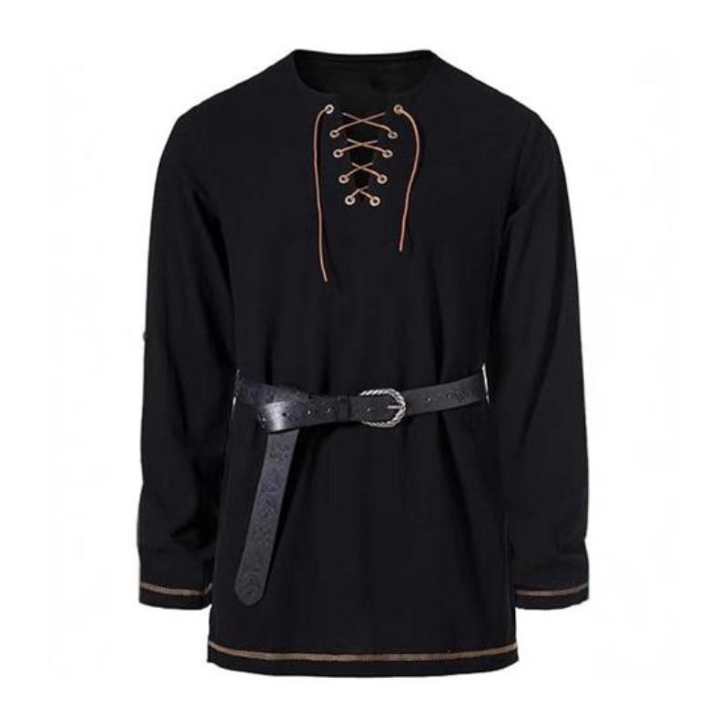 Men's Vintage Lace-Up T-Shirt Long Sleeve Henry Collar Top Spring Autumn Solid Color Tee Shirt for Daily Wear Performances Cosplay