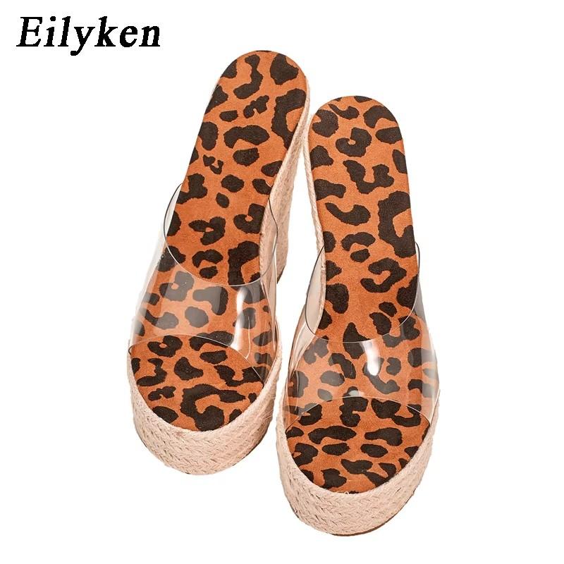 Eilyken PVC Transparent Peep Toe Leopard Grain Platform Wedges Slippers Sandals Women High Heels Female Shoes