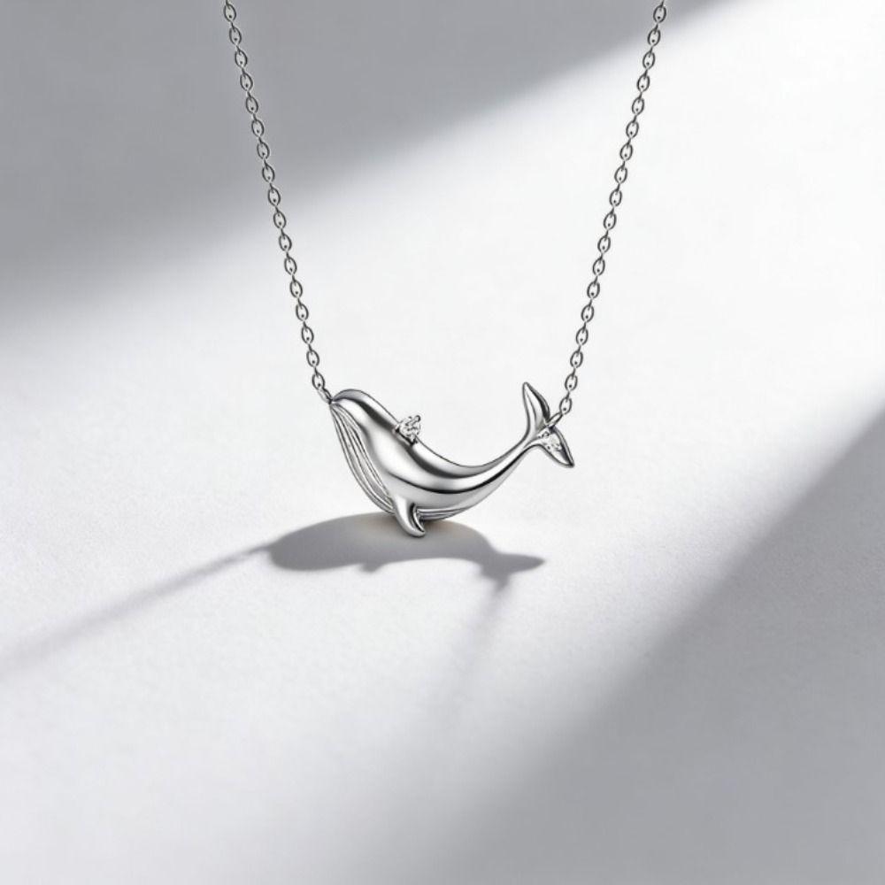 Silver Clavicle Chain Elegant Zircon Pendant Gift Whale Pendant Necklace  Jewelry