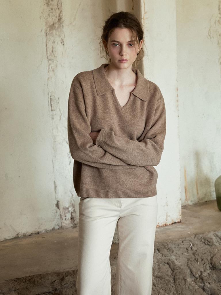 LENINA Serin V-Neck Collar Wool Knit_Mocha