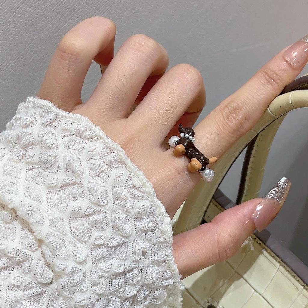 Korean Dachshund Pearl Ring: Cute, Niche Design, Versatile Childlike Finger Accessory