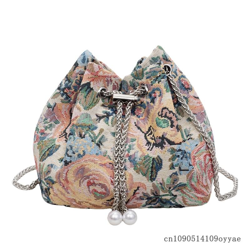 

Fashion Chain Shoulder Bag New Chinese Style Water Bucket Bag Drawstring Crossbody Bag Small Size Street Trend Canvas Material