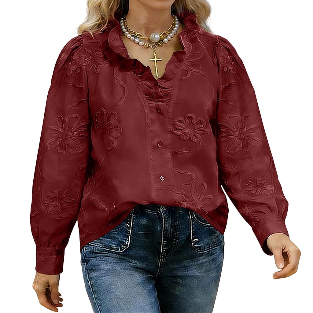 Long Sleeve Button Down Shirt for Women with Floral Embroidery Loose Fit Blouse Casual Collar Top for Daily Wear