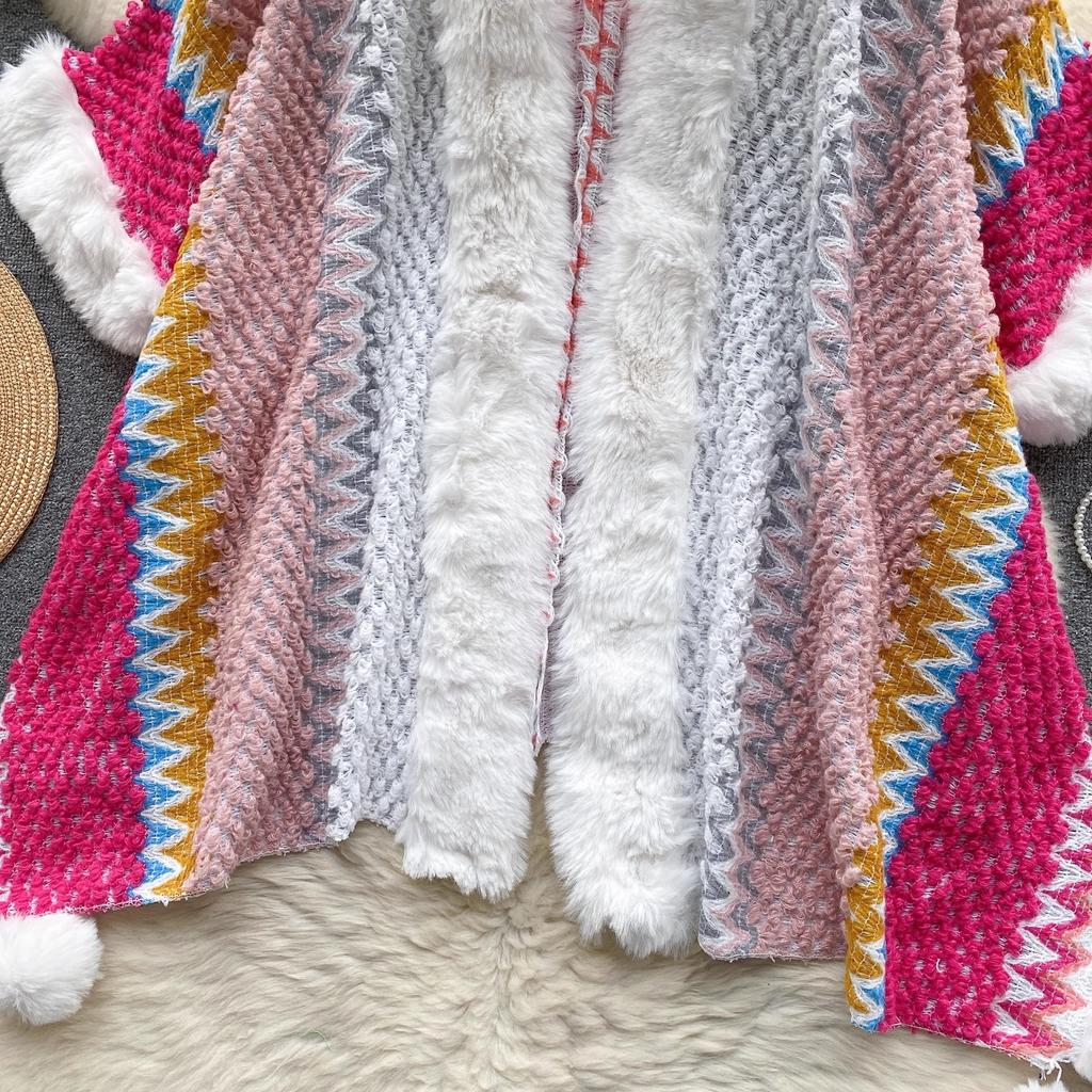 Chic Ethnic Style Color Collision Shawl Sweater Jacket Women Patchwork Soft Warm Hairball Cape Cloak  Knitted Cardigan