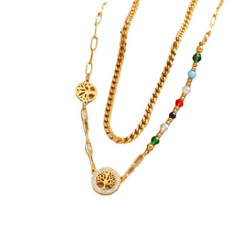 Irregular Retro Colored Beaded Tree of Life Pendant Accessories Titanium Steel Double Layer Necklace