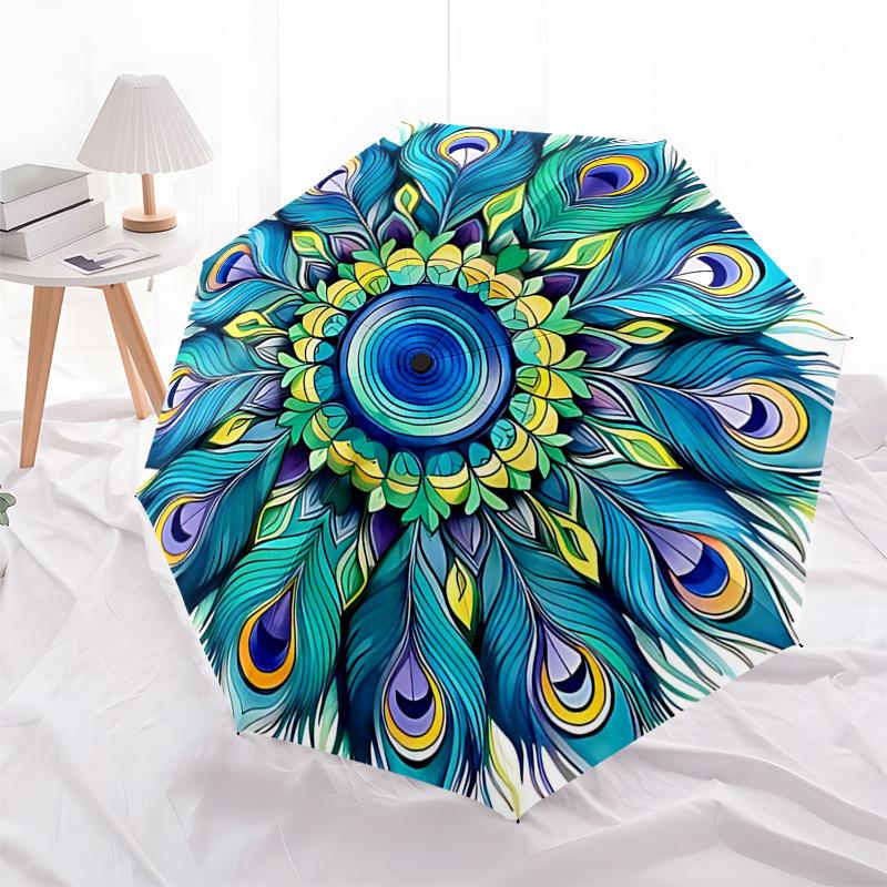 1pc Peacock Feather Mandala Automatic Folding Umbrella - Portable 3-Fold Design, 8-Bone Iron Frame Outdoor Umbrella, Ideal Gift for Fans, Travelers, D