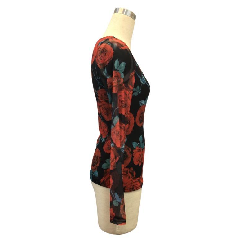 Women S French Style Rose Floral Mesh Print Sexy U Neck Long Sleeve T Shirt