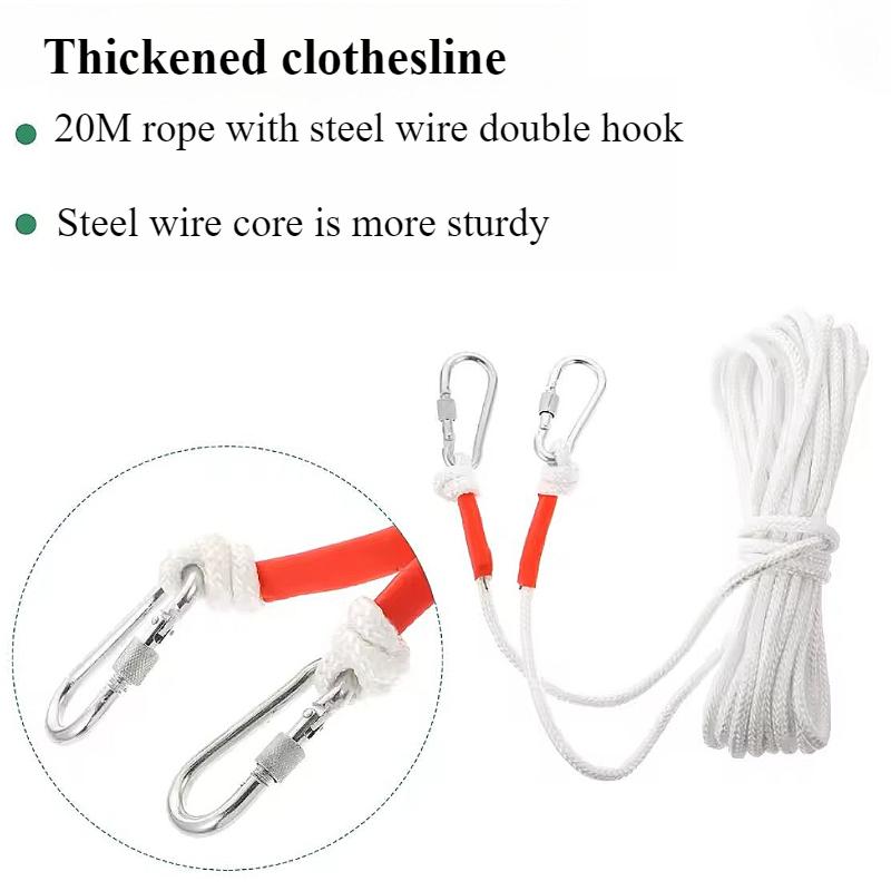 20M White Clothes Drying Rope with Steel Wire Core Thicken 8MM Hanging String Windproof Clothes Drying Rope for Camping Outdoor