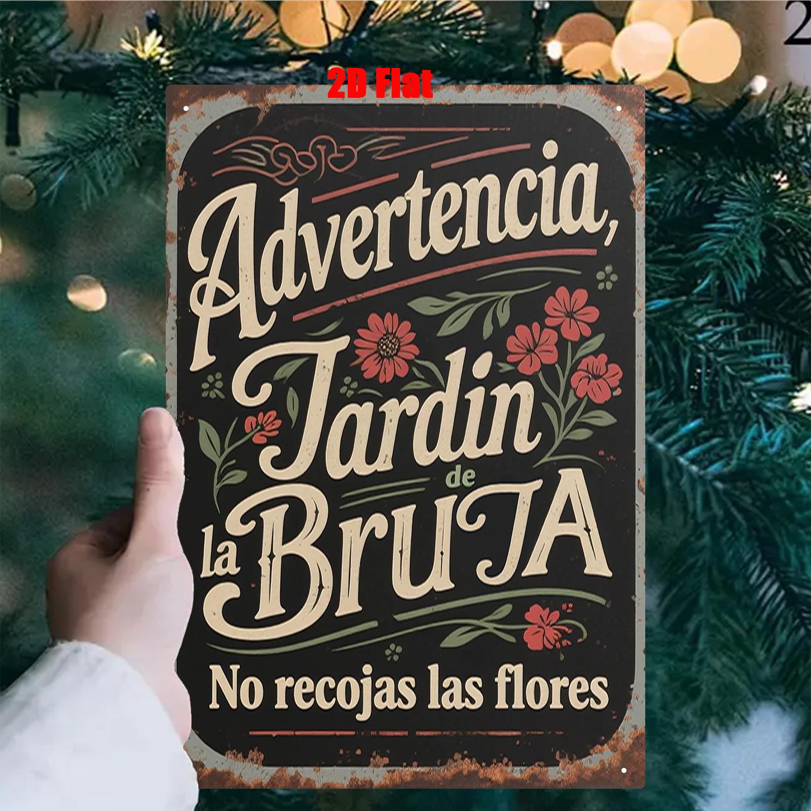 Vintage Spanish Witch Garden Metal Wall Art Sign Advertencia Jardin de la Bruja Floral Design with Red Flowers Green 20x30cm(7.8x11.8inch)