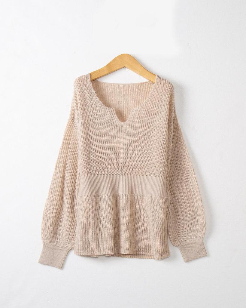 Women's V-Neck Long-Sleeve Ruffle Waist Solid Color Pullover Sweater - European & American Fashion