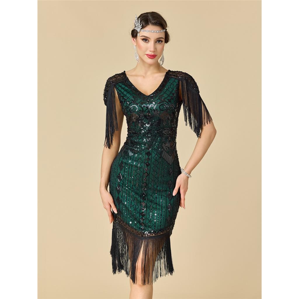 Women's Plus Size 1920s Gatsby Flapper Dress, Sequin Beaded Short Sleeve Fringe Evening Gown For Party & Pr