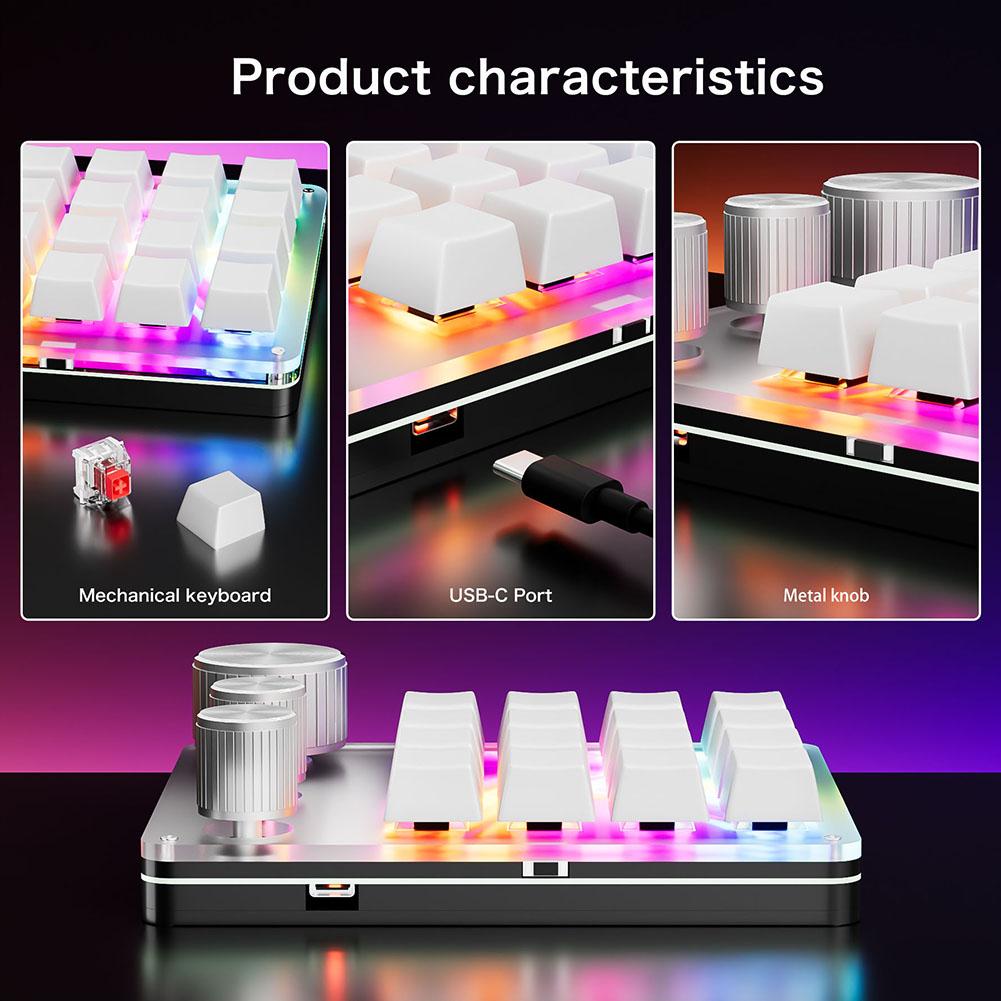 16 Keys 3 Knobs Programmable Macro Keyboard Type-C Wired/Bluetooth-Compatible Macro Pad LED Backlight Macro Keyboard for Gaming