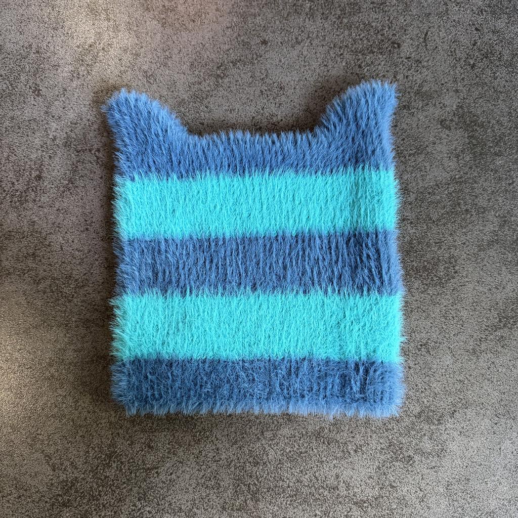 Ears Design Cats Knit Cap With Stripe Style For Daily Cold Weather Use Outdoor