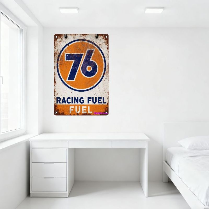 Vintage Racing Fuel Metal Tin Sign, Distressed Retro Rusty Design with Hanging Rings for Man Cave Bar Decor