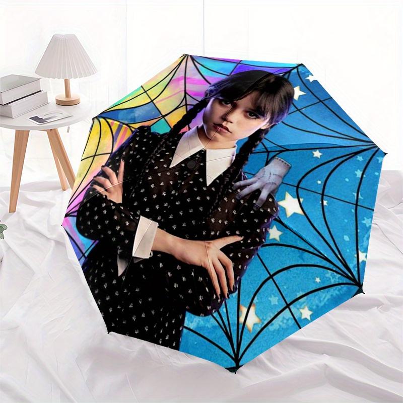 Addams Family, Wednesday Automatic Folding Umbrella  8 Ribs, Durable Iron Frame, Bright Color Pattern Compact Travel Umbrella, Suitable for